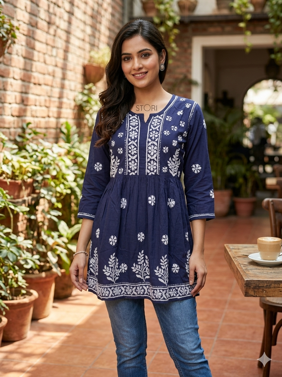 Navy Blue Flared Rayon Short Chikankari Gown Kurti
