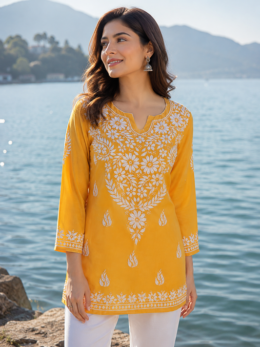 Neevya Mango Yellow Soft Modal Handcrafted Short Chikankari Kurti