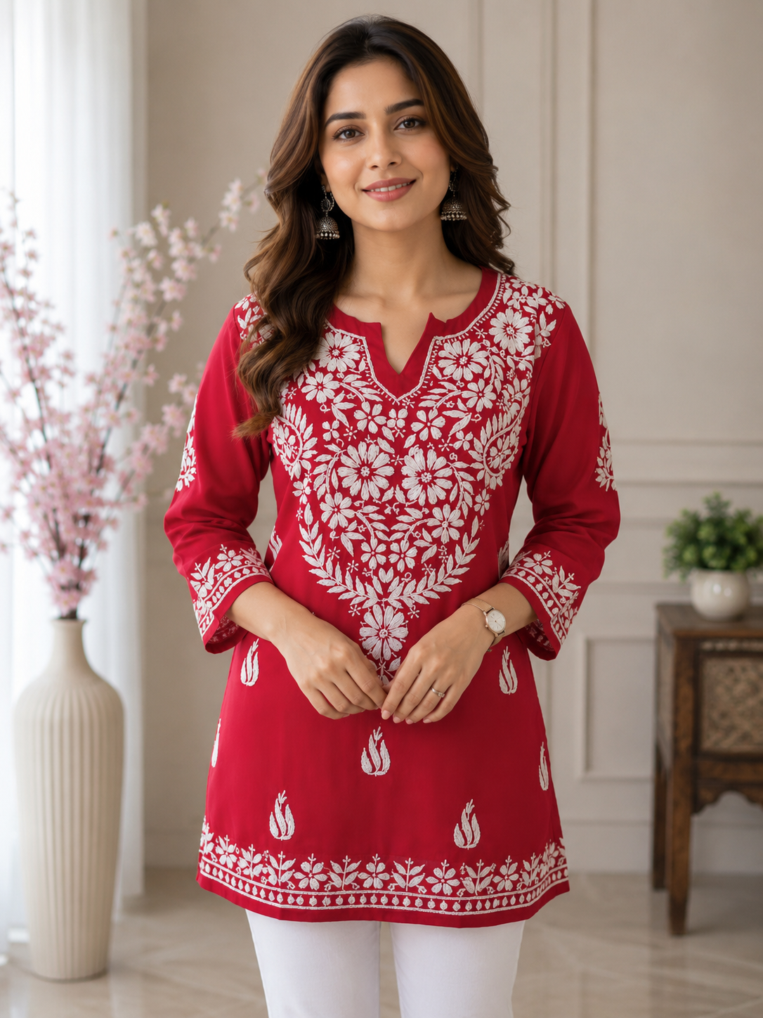 Neevya Red Soft Modal Handcrafted Short Chikankari Kurti