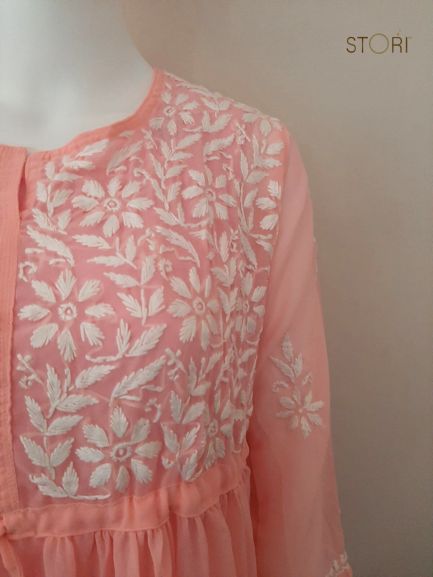 Nora Peach Short Georgette Chikankari Kurti