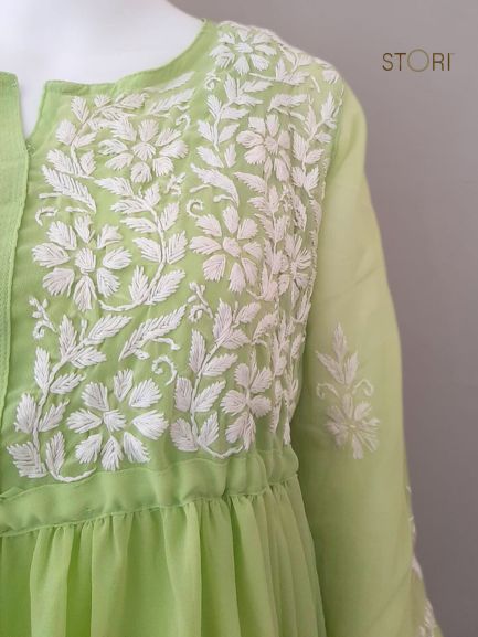 Nora Pista Green Short Georgette Chikankari Kurti