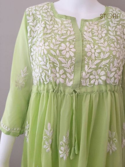 Nora Pista Green Short Georgette Chikankari Kurti