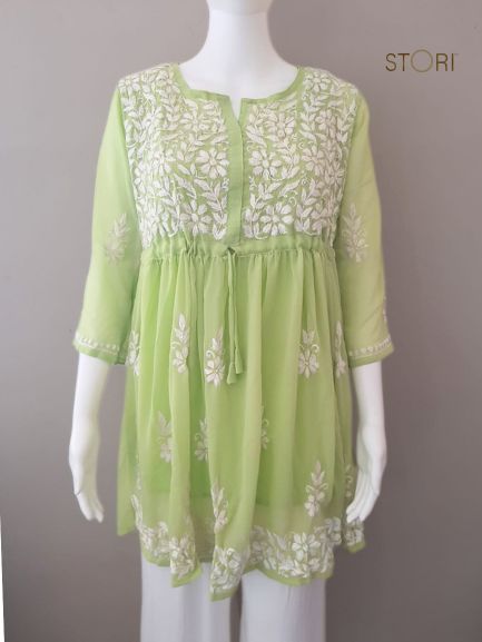 Nora Pista Green Short Georgette Chikankari Kurti