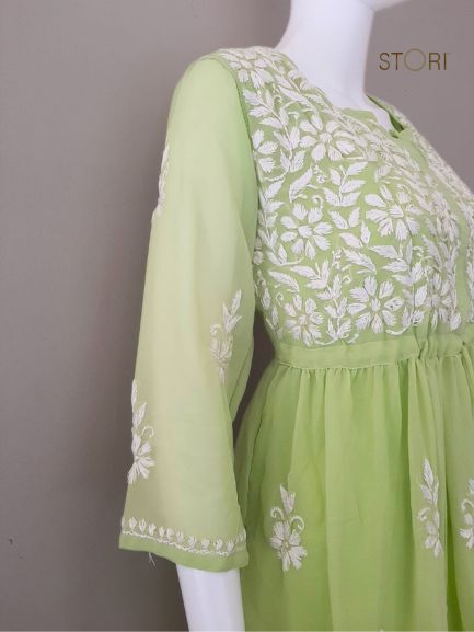 Nora Pista Green Short Georgette Chikankari Kurti