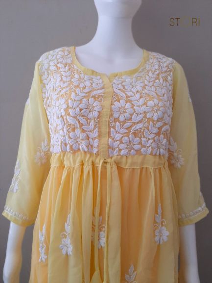 Nora Yellow Short Georgette Chikankari Kurti