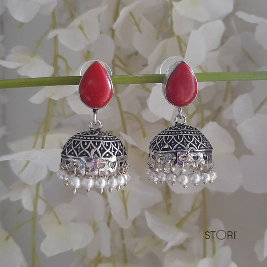 Coral Red  Monalisa Stone Oxidised Jhumki Earrings