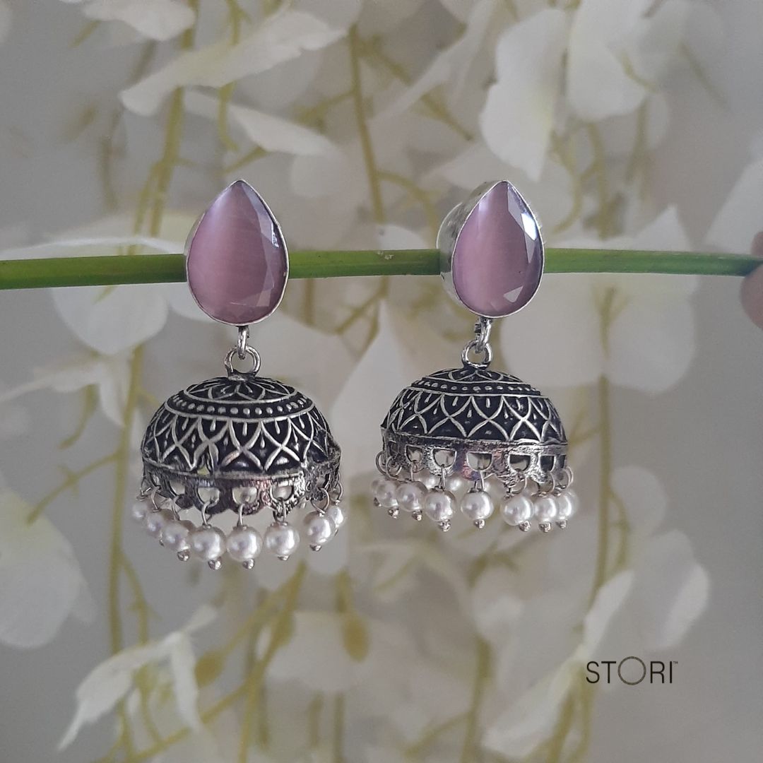 Pink Monalisa Stone Oxidised Jhumki Earrings