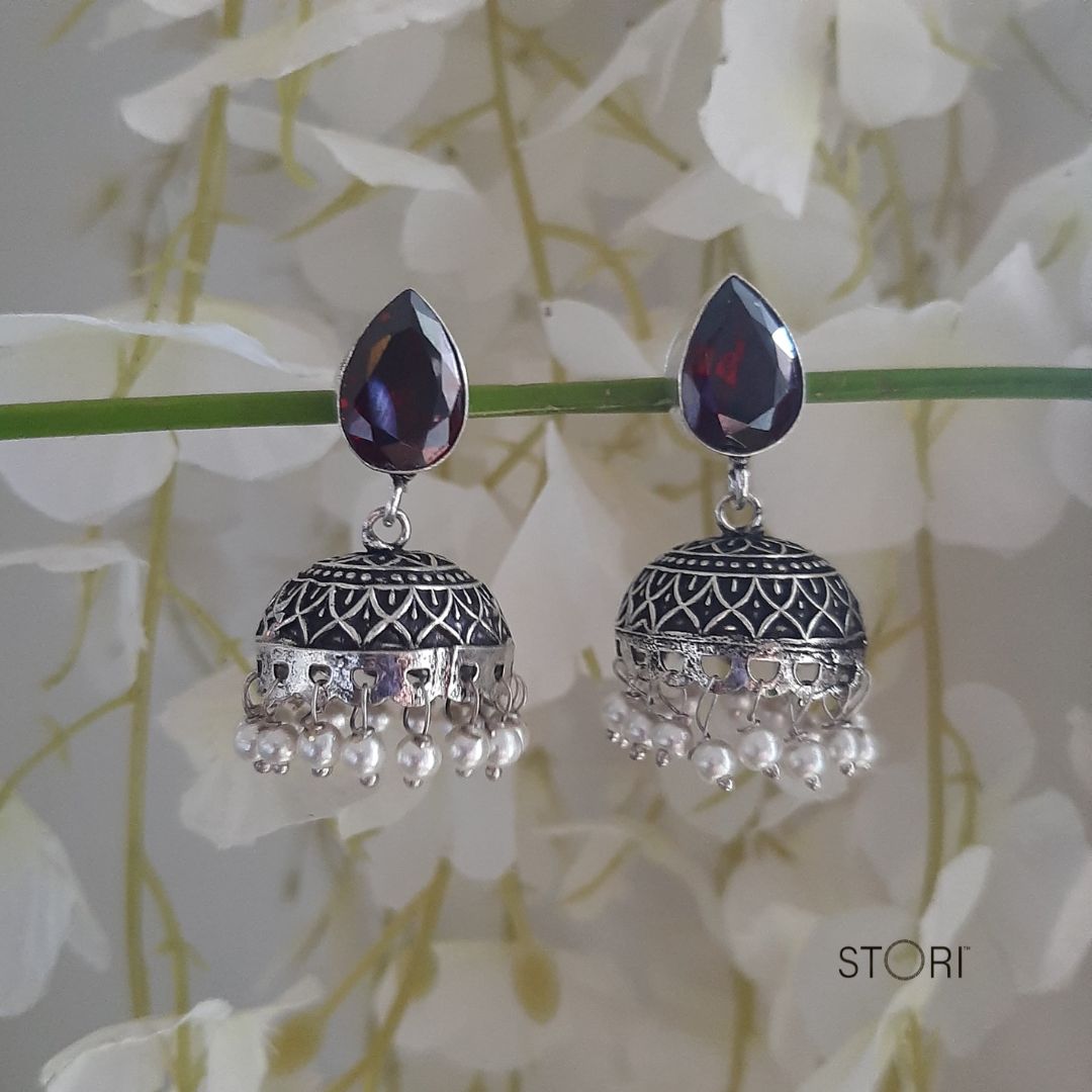 Red  Monalisa Stone Oxidised Jhumki Earrings