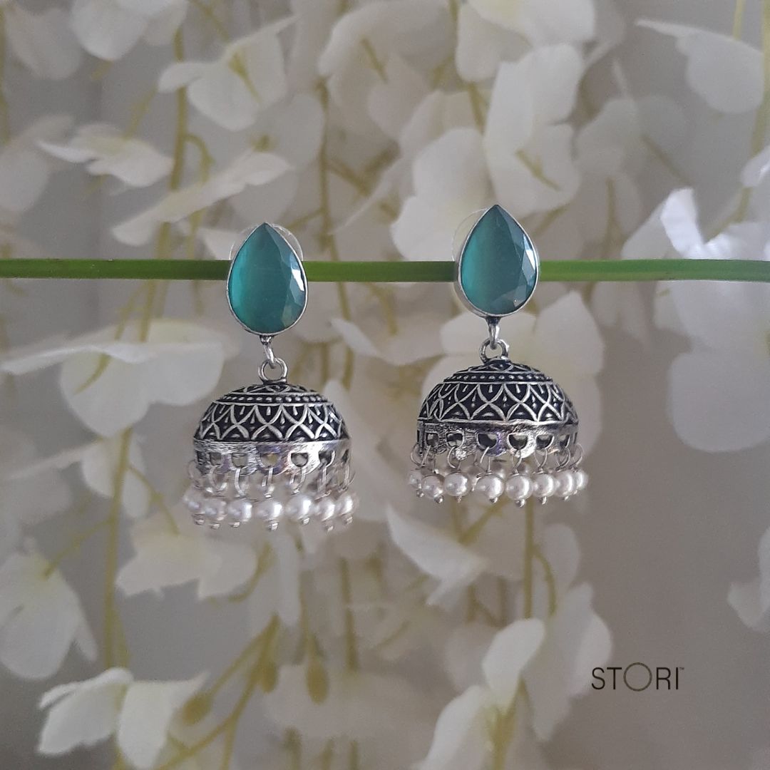 Light Blue  Monalisa Stone Oxidised Jhumki Earrings
