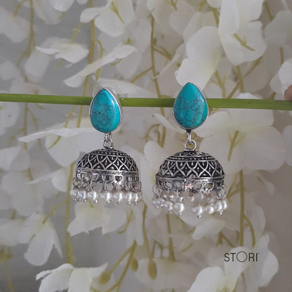 Turquoise  Monalisa Stone Oxidised Jhumki Earrings