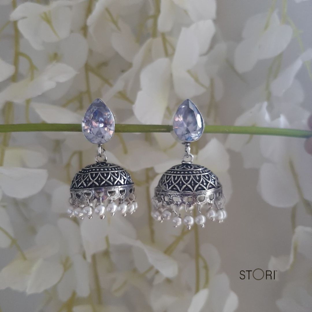 White  Monalisa Stone Oxidised Jhumki Earrings