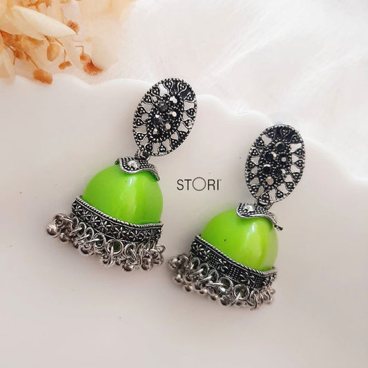 Parrot Green Oxidised Lightweight Jhumkis Online - STORI