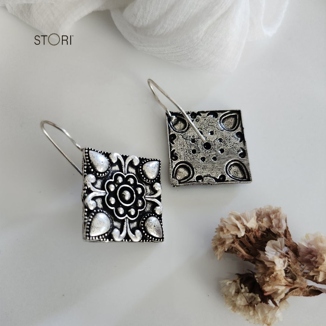 Rhombus Oxidised Dangling Earrings
