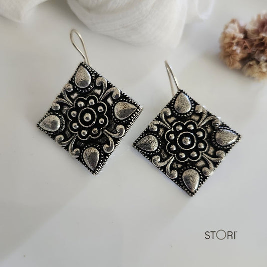 Rhombus Oxidised Dangling Earrings