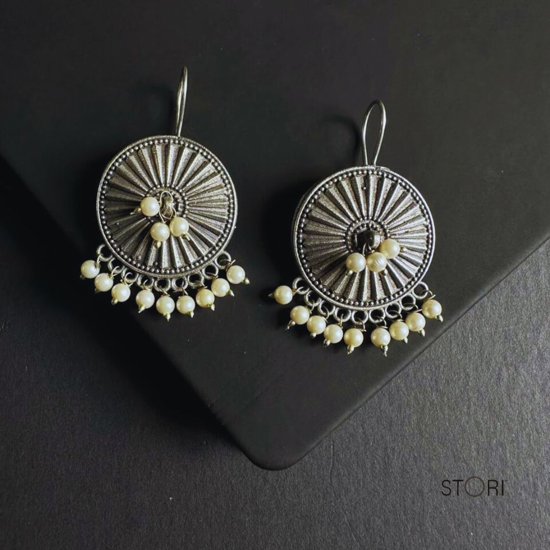 Sanchi Handcrafted Round Silver Look Alike Earrings