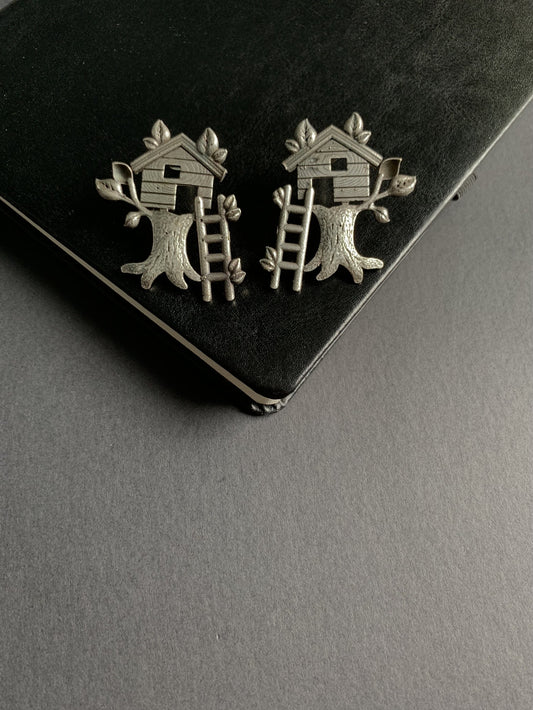 Antique Treehouse Oxidized German Silver Statement Earrings