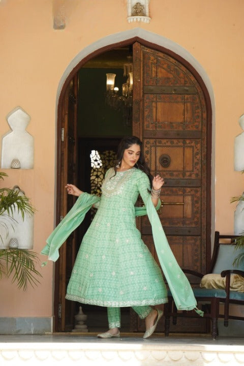 Light Green Embroidered Rayon Anarkali Set with Chiffon Dupatta
