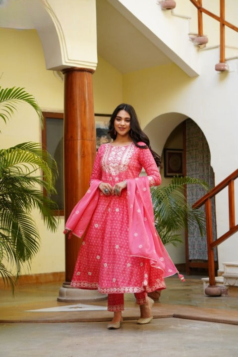 Red Embroidered Rayon Anarkali Set with Chiffon Dupatta