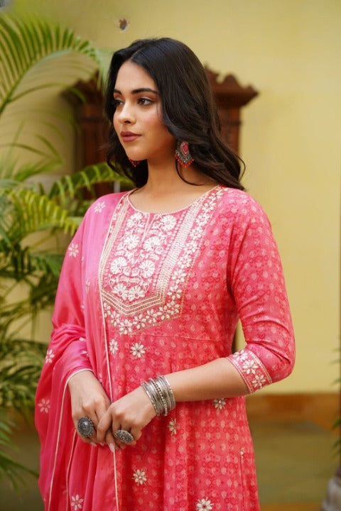 Red Embroidered Rayon Anarkali Set with Chiffon Dupatta