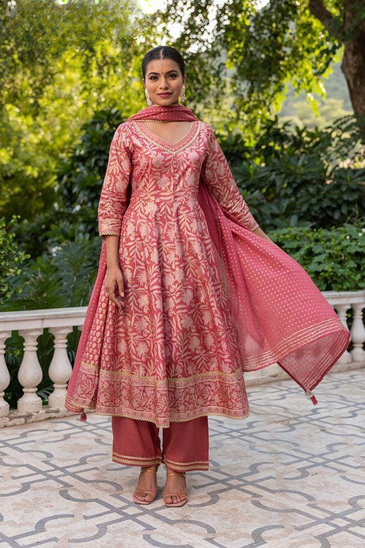 Watermelon Pink Block Printed Muslin Anarkali Suit Set With Kota Doria Dupatta