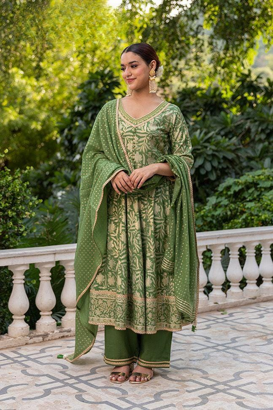 Olive Green Block Printed Muslin Anarkali Suit Set With Kota Doria Dupatta