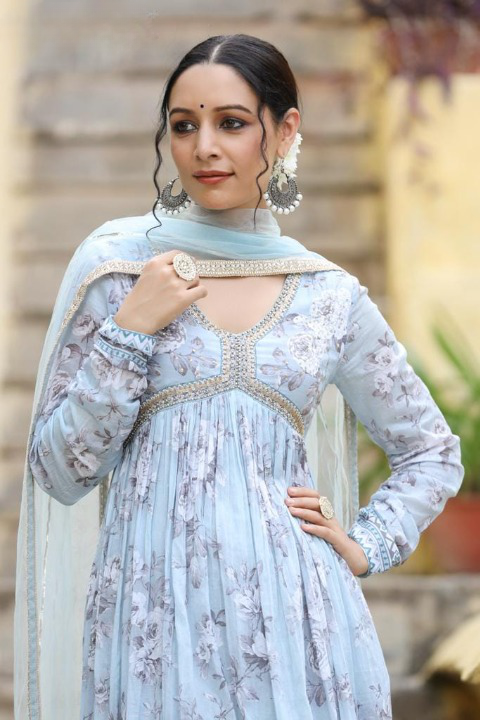 Grey Floral Printed Mulmul Cotton Two-Piece Anarkali Set With Net Dupatta