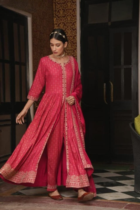 Red Embroidered Front Slit Rayon Anarkali Set with Dupatta