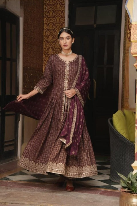 Wine Embroidered Front Slit Rayon Anarkali Set with Dupatta