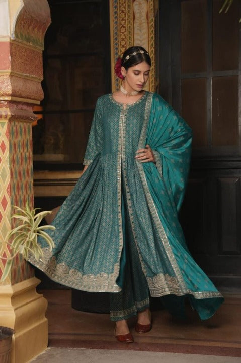 Green Embroidered Front Slit Rayon Anarkali Set with Dupatta