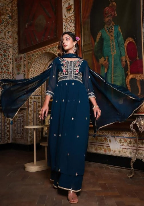 Navy Blue Georgette Designer Embroidery Kurti Set With Sharara And Dupatta