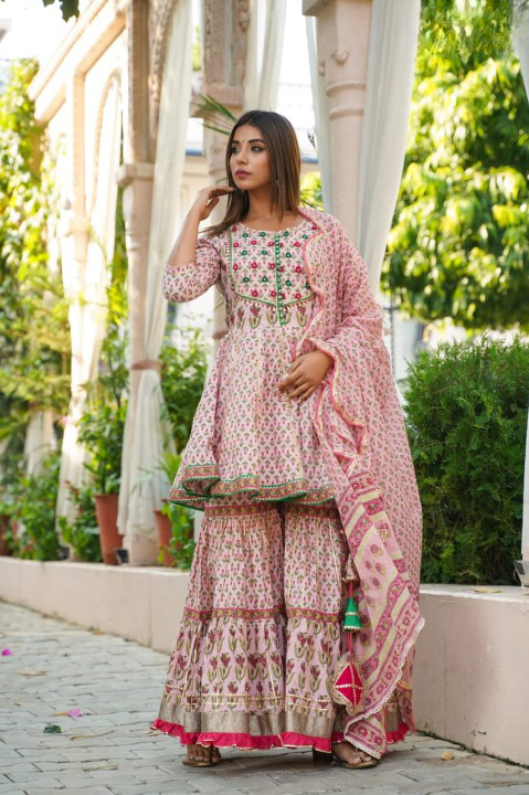 Floral Printed Designer Cotton Sharara Set With Cotton Dupatta & Tassels