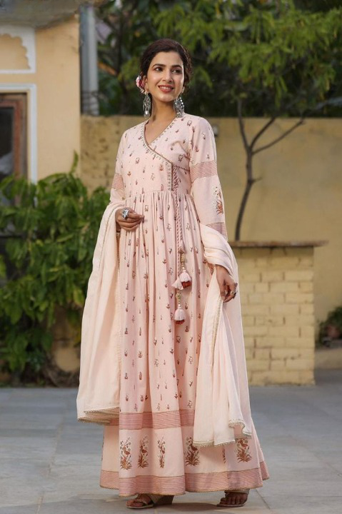 Pastel Peach Angarkha Style Full Length Anarkali With Cotton Dupatta