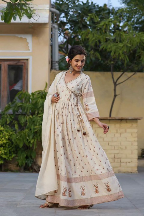 Pastel Peach Angarkha Style Full Length Anarkali With Cotton Dupatta