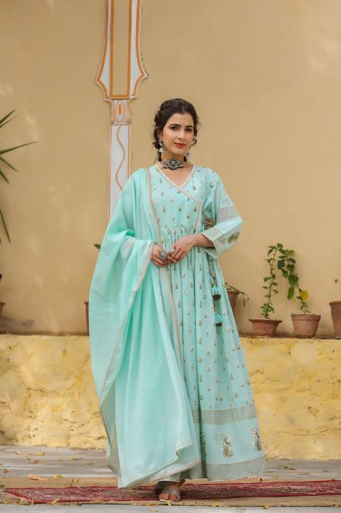 Pastel Peach Angarkha Style Full Length Anarkali With Cotton Dupatta