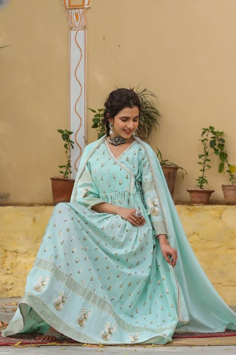 Pastel Peach Angarkha Style Full Length Anarkali With Cotton Dupatta