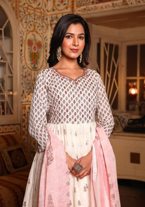 Light Pink Floral Print Mulmul Cotton Anarkali Kurti With Pant And Dupatta