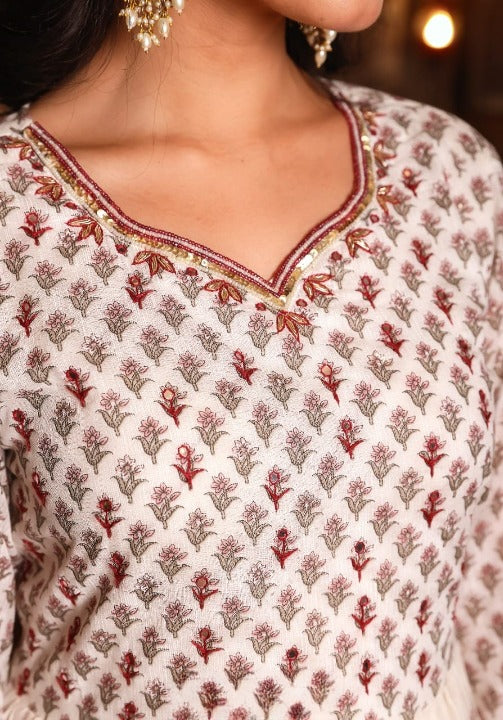 Light Pink Floral Print Mulmul Cotton Anarkali Kurti With Pant And Dupatta