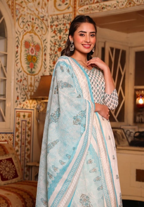 Sky Blue Floral Print Mulmul Cotton Anarkali Kurti With Pant And Dupatta