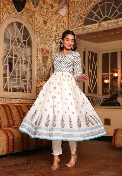 Sky Blue Floral Print Mulmul Cotton Anarkali Kurti With Pant And Dupatta