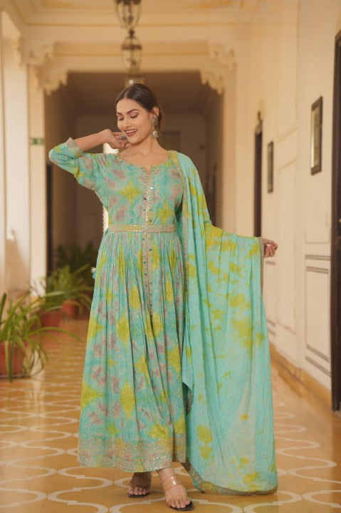 Mint Green Rayon Front Slit Anarkali Kurti Pant Set With Gota Detailing Dupatta