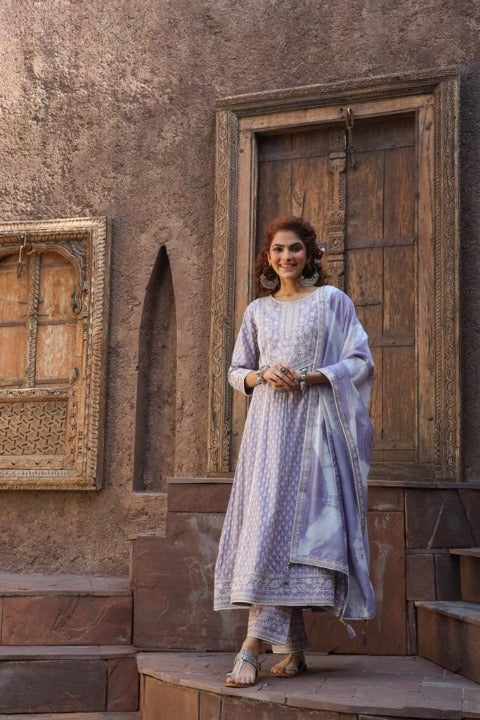 Lavender Rayon Embroidered Anarkali Kurti Pant Set with Chanderi Dupatta
