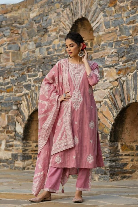Charm Pink Three Piece Side Slit Nyra Cut Kashmiri Embroidery Kurti With Pant And Dupatta