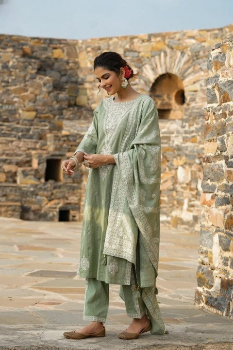 Sage Green Three Piece Side Slit Nyra Cut Kashmiri Embroidery Kurti With Pant And Dupatta