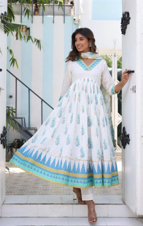 White Designer Floral Anarkali Kurti-Pant Set and Kota Doriya Dupatta