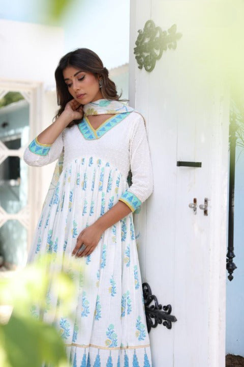 White Designer Floral Anarkali Kurti-Pant Set and Kota Doriya Dupatta