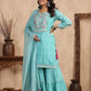 Sky Blue Floral Print Side Slit Muslin Kurti Sharara Set With Dupatta