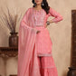 Peach Floral Print Side Slit Muslin Kurti Sharara Set With Dupatta