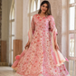 Blush Pink Floral Print Cotton Anarkali Suit Set With Dual Shade Dupatta