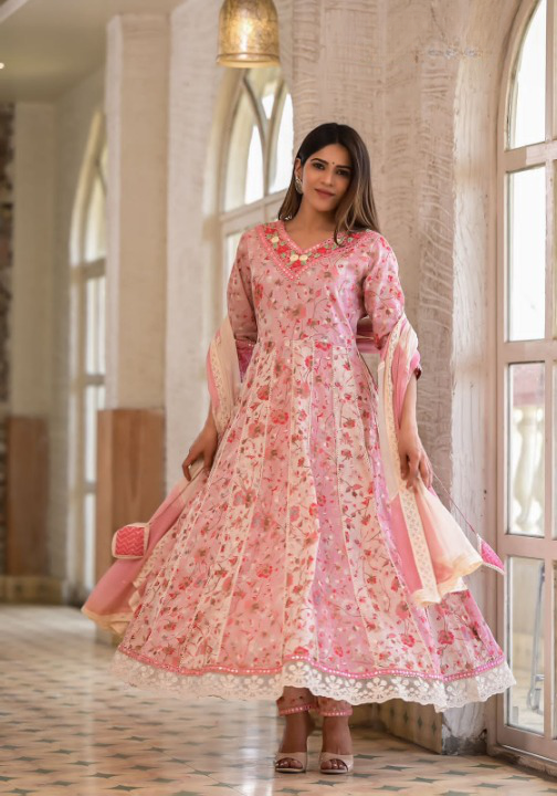 Light Pink Floral Print Cotton Anarkali Suit Set With Dual Shade Dupat –  STORI