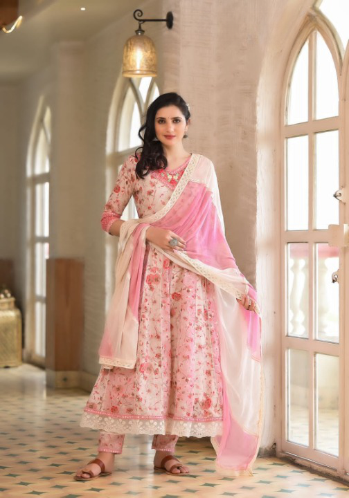 Blush Pink Floral Print Cotton Anarkali Suit Set With Dual Shade Dupatta